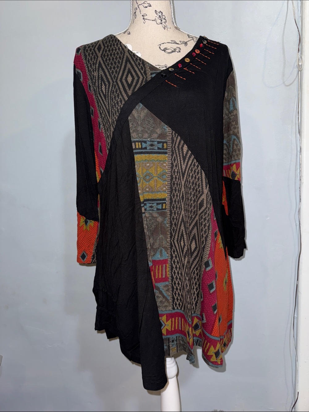 Parsley & Sage Black Multi-Color Asymmetrical Patchwork Dress